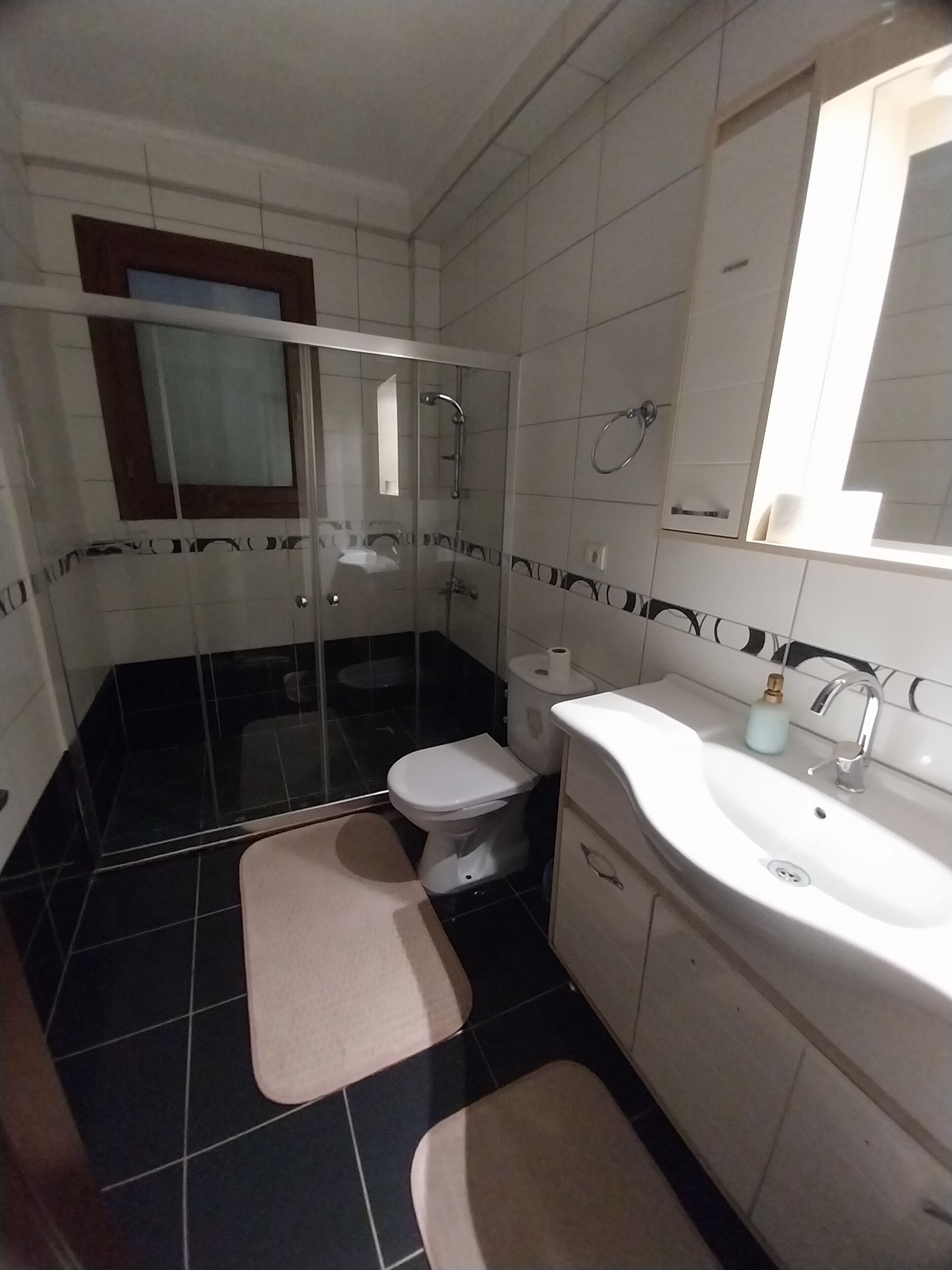 Un baño con ducha de vidrio, inodoro, lavabo y espejo.