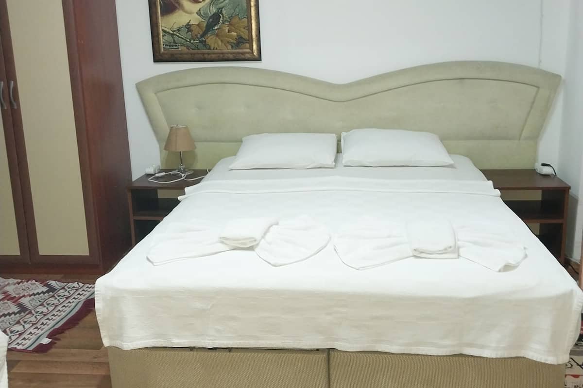 Une chambre à coucher avec un lit, des tables de chevet, un climatiseur, un tableau et un tapis à motifs.