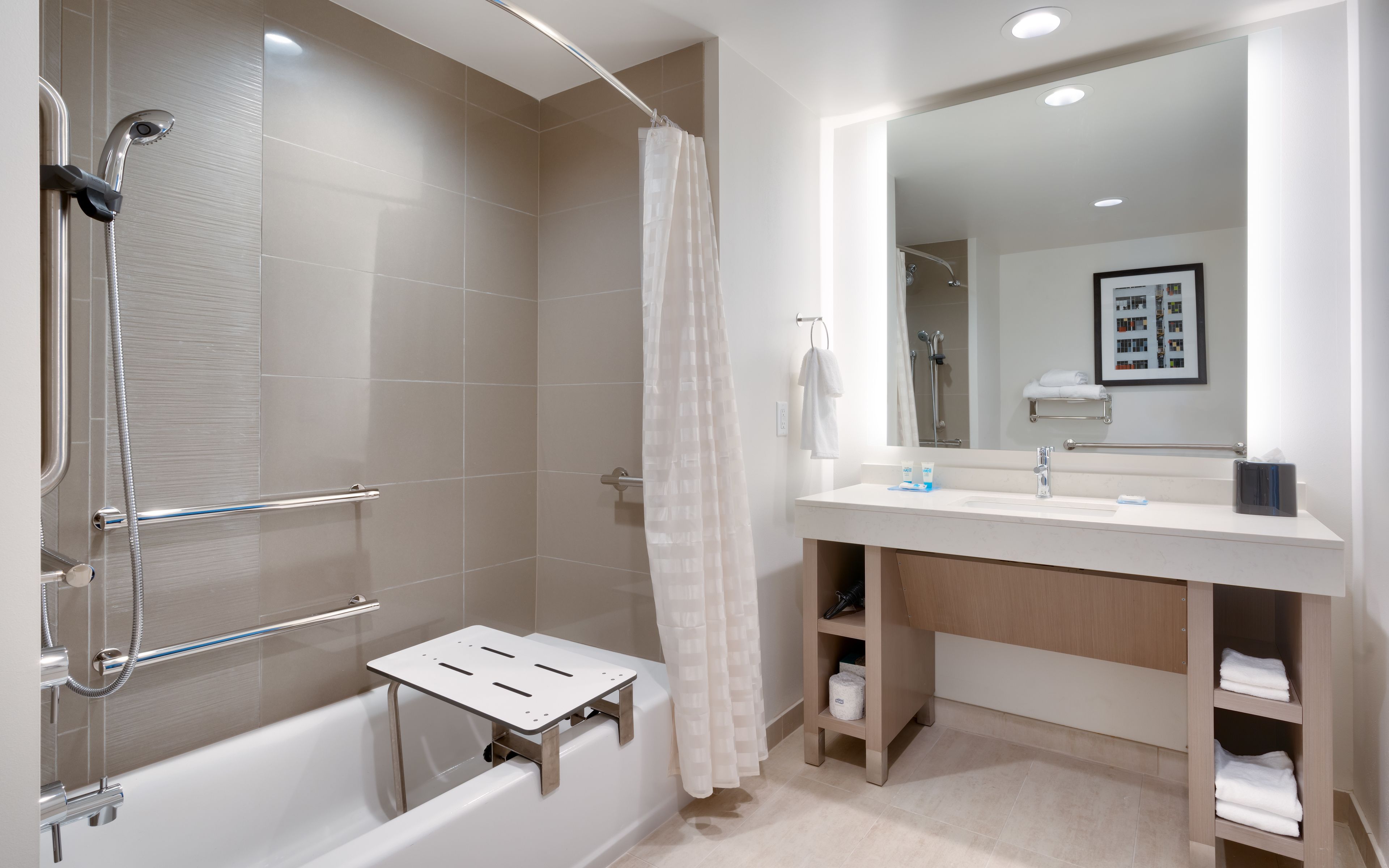 A modern bathroom with a shower, bathtub, and vanity.