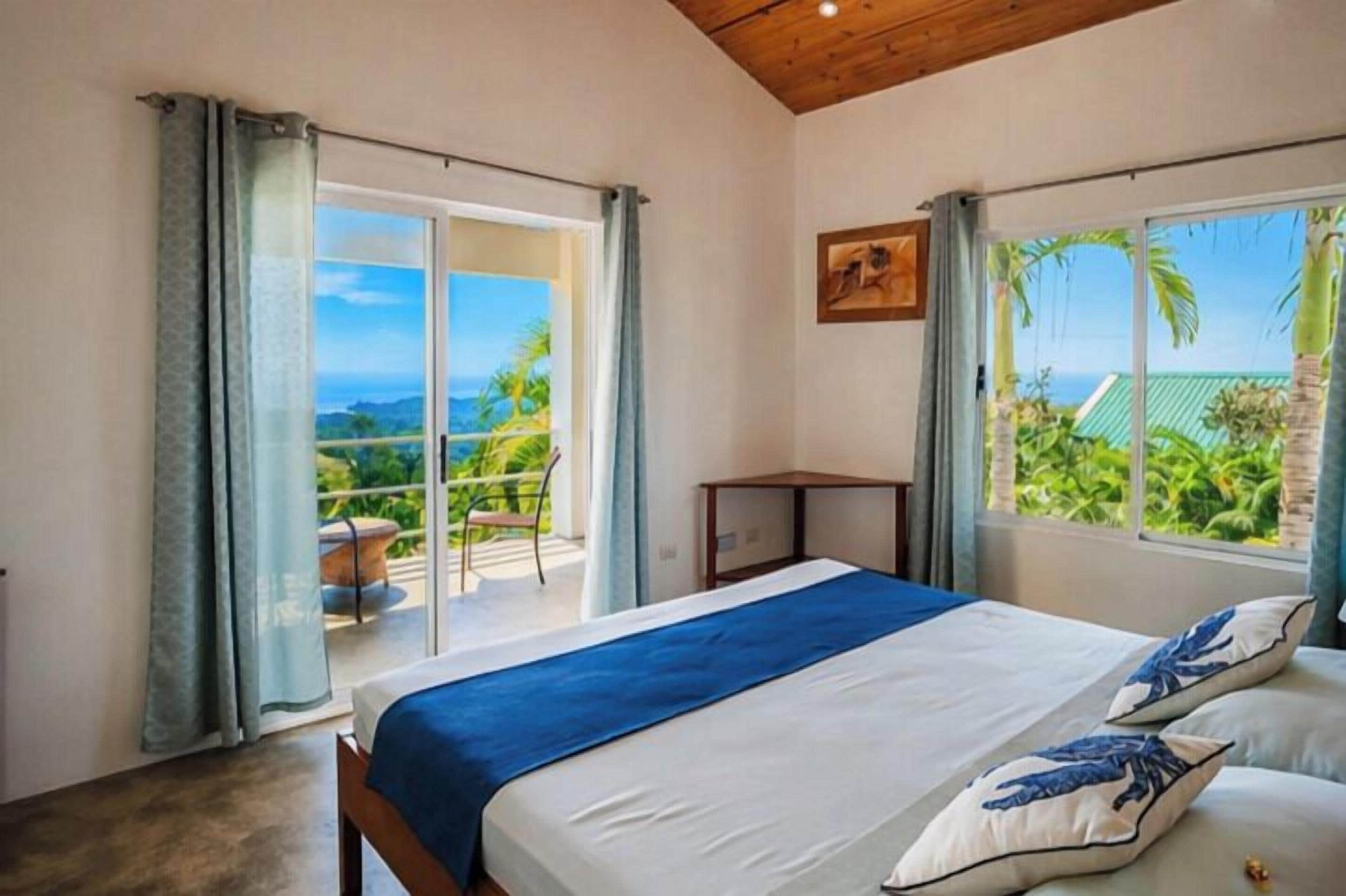 A bedroom with a bed, a view of the outdoors, and a balcony.