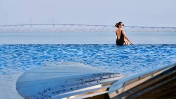 Eine Person sitzt am Strand, im Hintergrund eine Brücke.