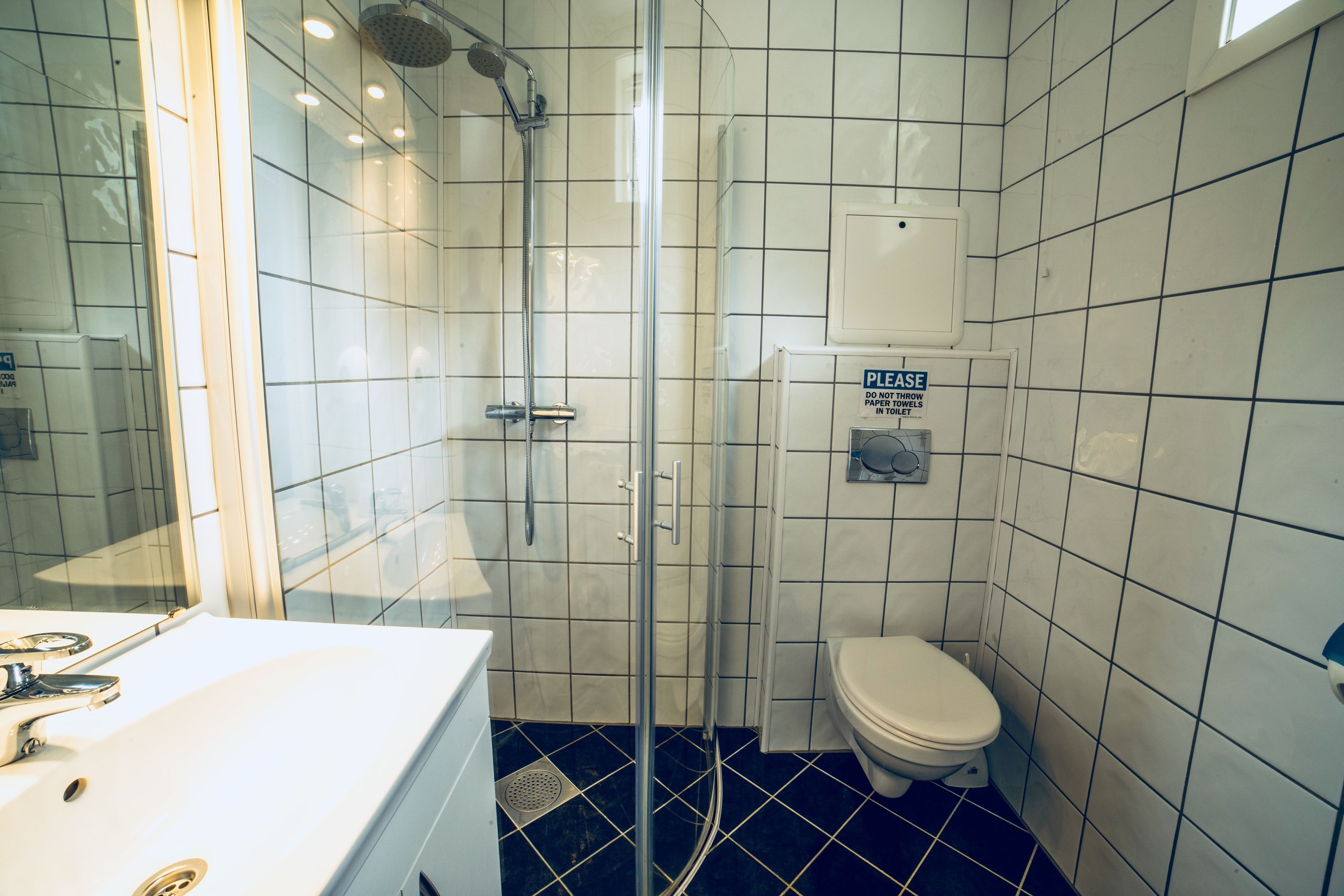 A bathroom with a glass-enclosed shower, a white sink, and a toilet.