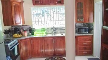 Fridge, microwave, oven, cookware/dishes/utensils