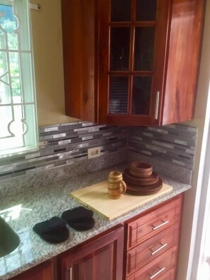 Fridge, microwave, oven, cookware/dishes/utensils