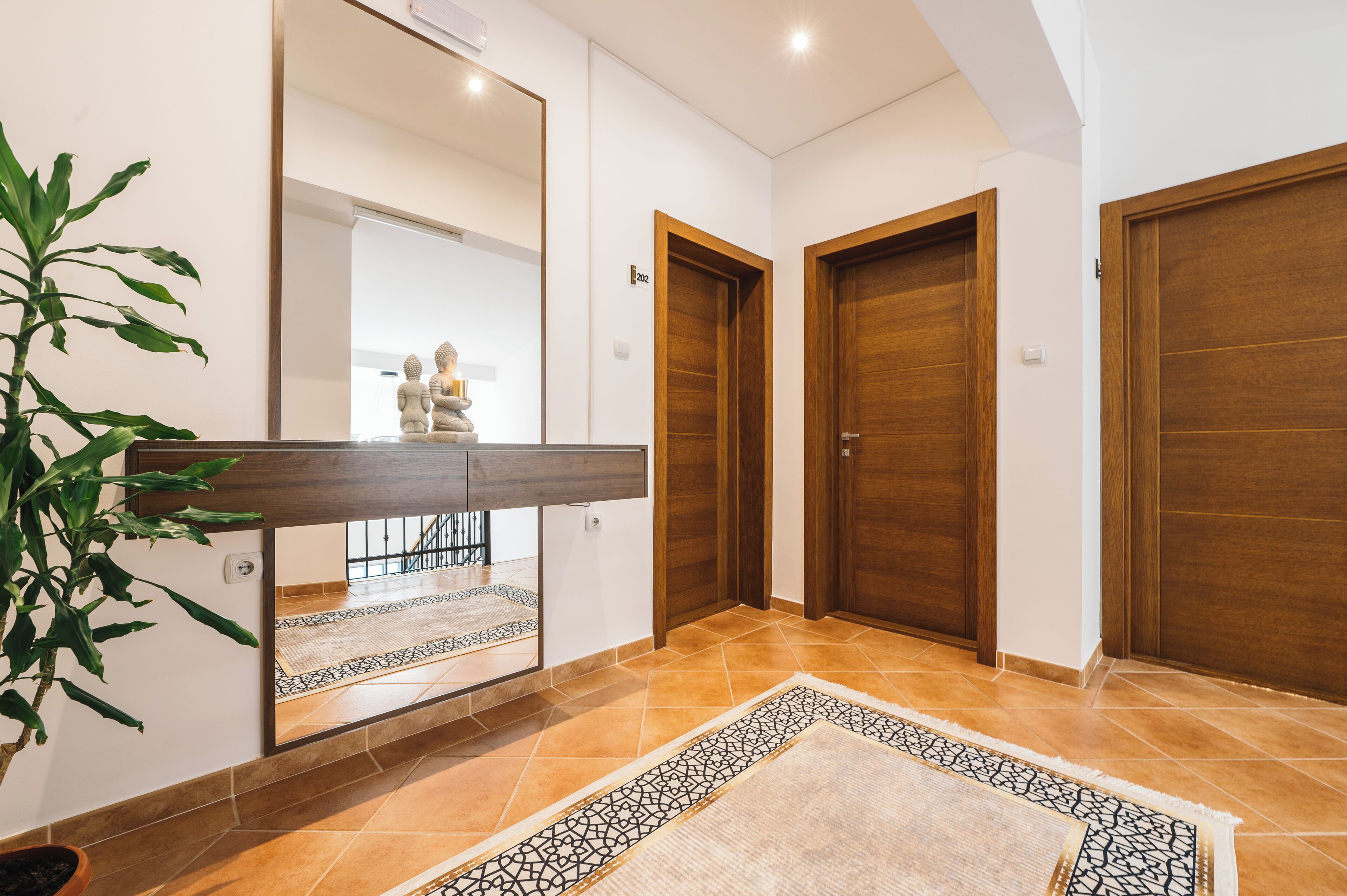 A modern hallway with wooden doors, a large mirror, and a potted plant.