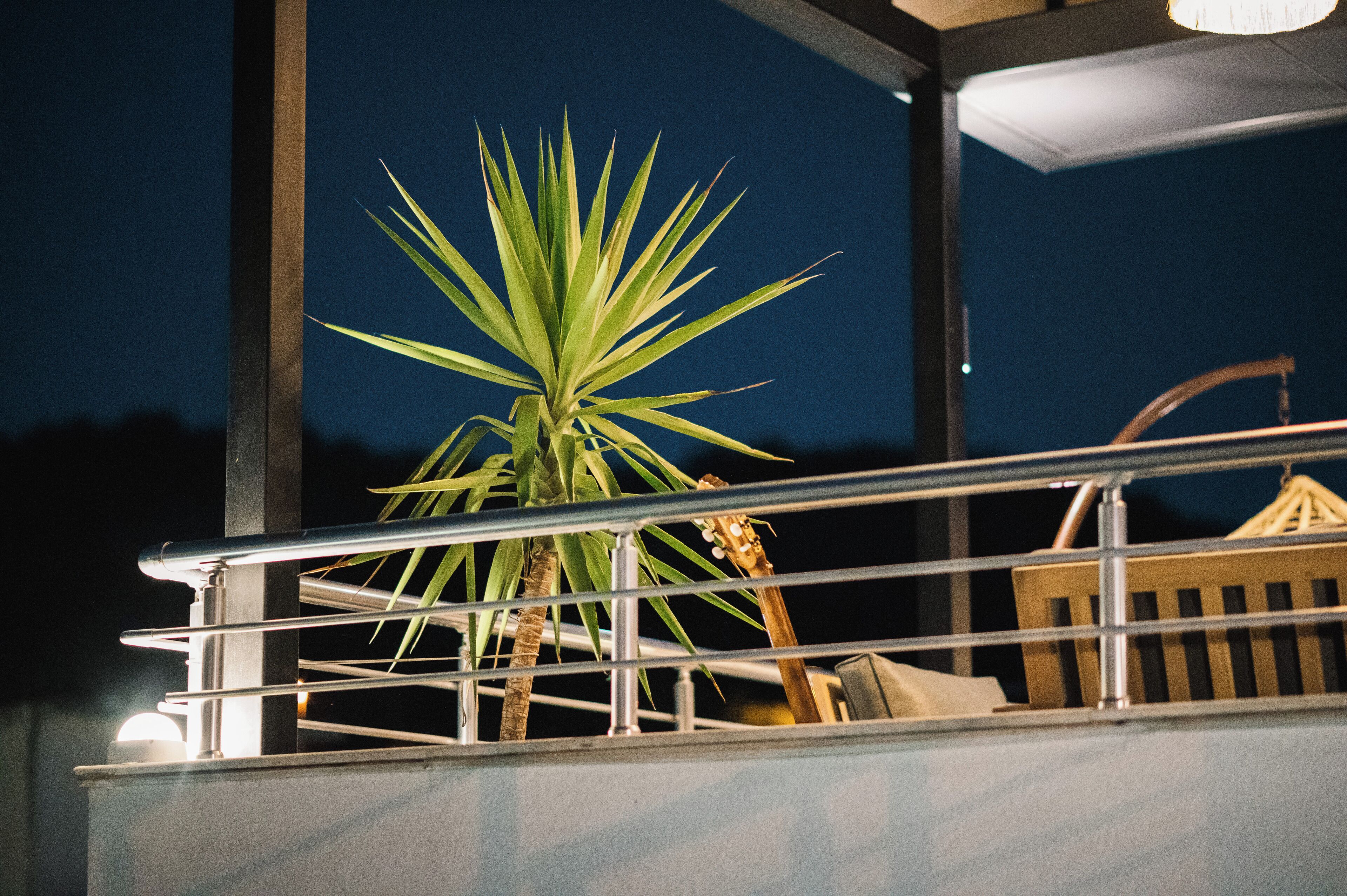 A balcony with a railing, a potted plant, and a wooden chair.
