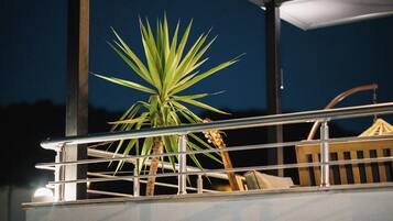 A balcony with a railing, a potted plant, and a wooden chair.