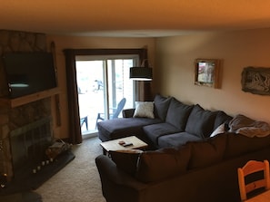 Smart TV, fireplace, video games, DVD player