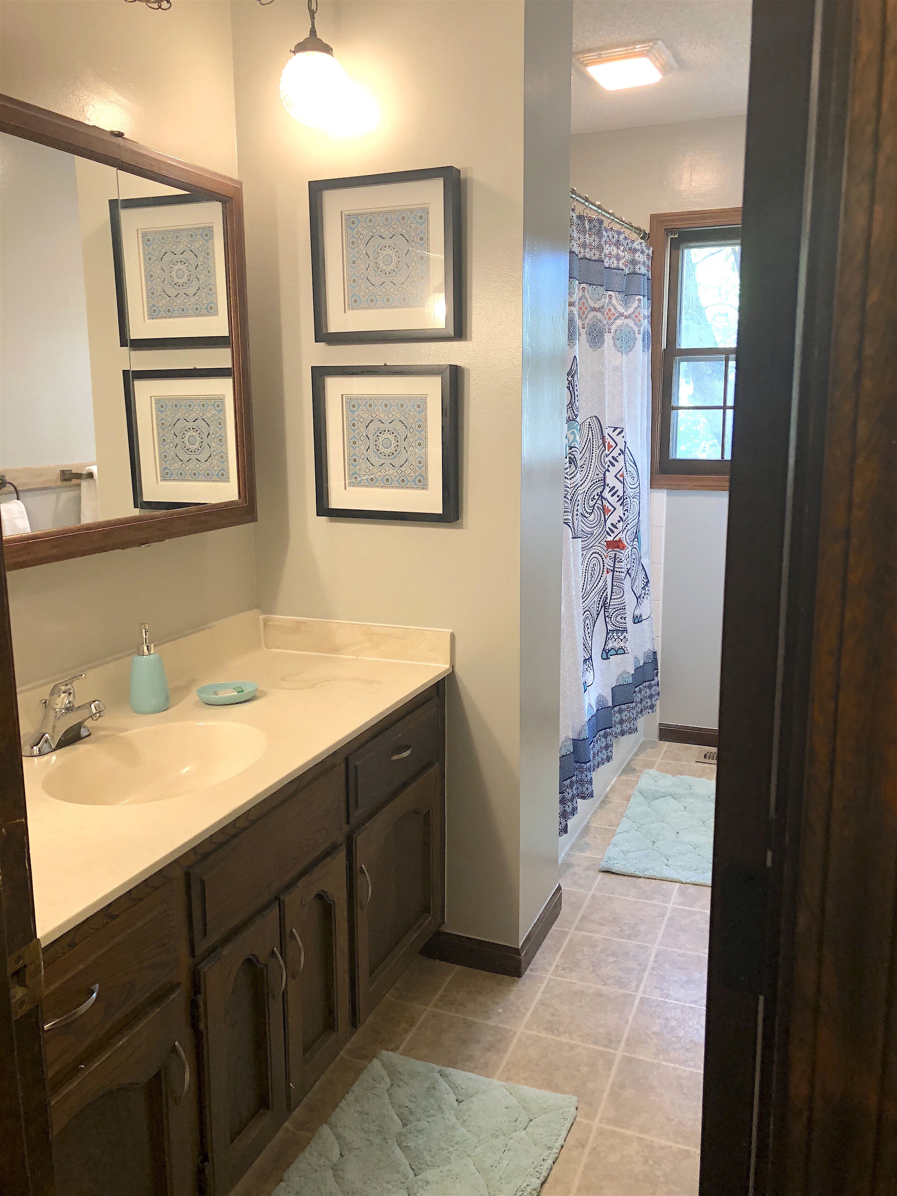 A bathroom with a sink, mirror, framed pictures, and a patterned shower curtain.