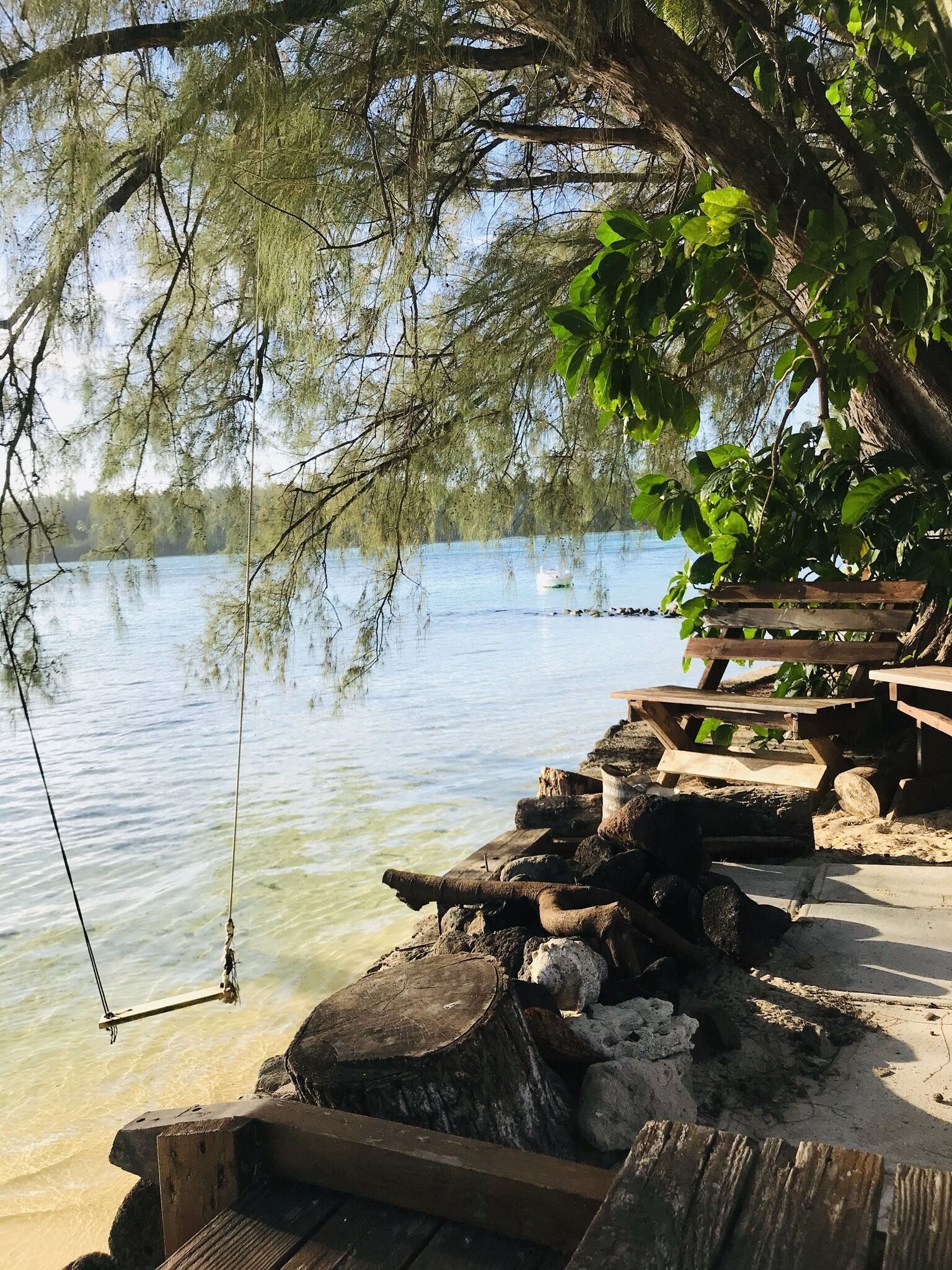 A lakeside wooden deck with benches, surrounded by trees and a calm water body.