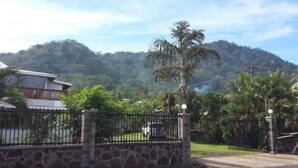 A gated property with a stone wall and a metal fence, surrounded by lush greenery and a mountain in the background.