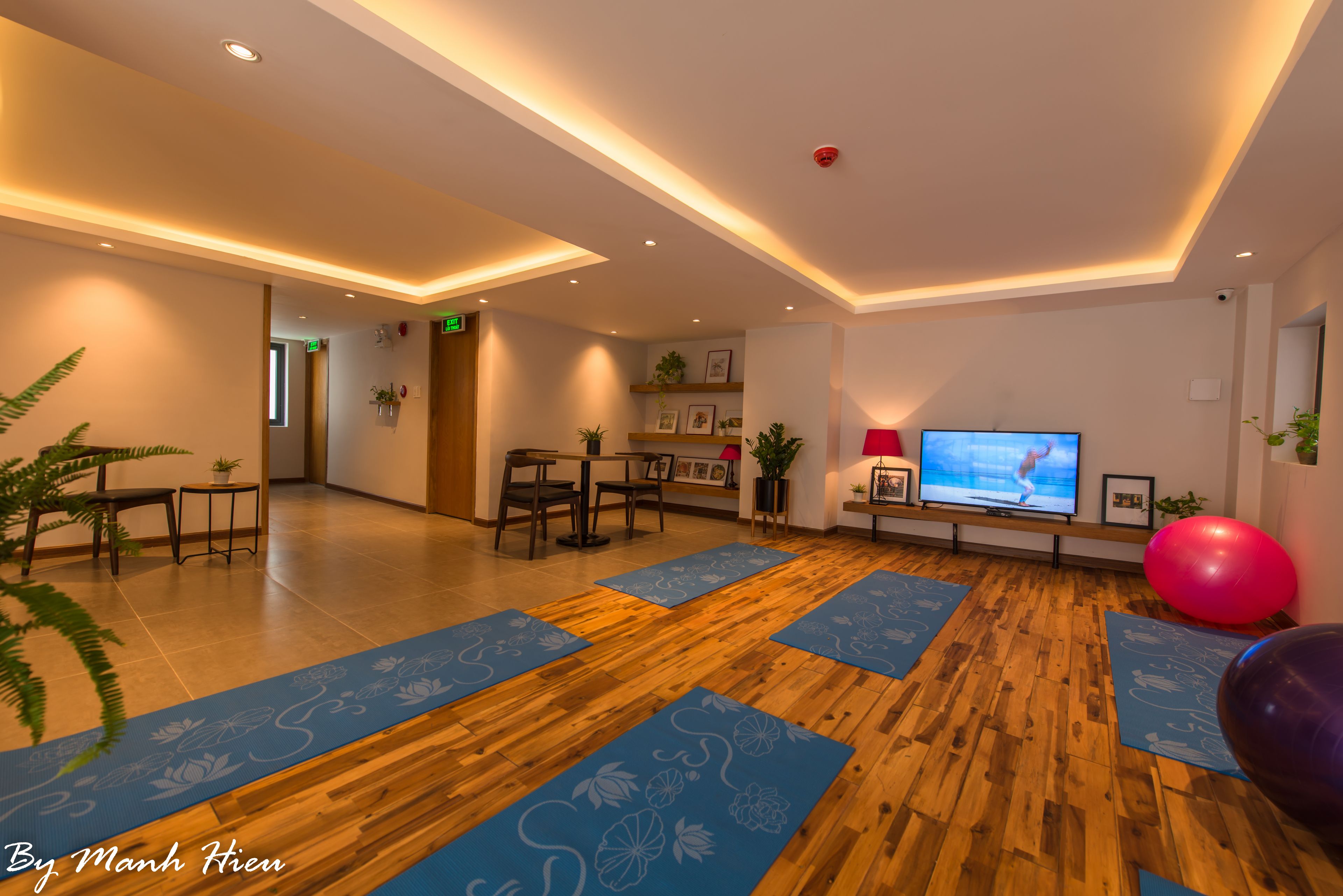 A spacious room with wooden flooring, blue exercise mats, a television, and a red exercise ball.
