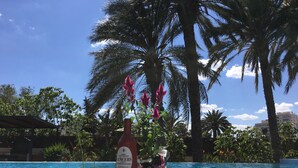 Uma área à beira da piscina com uma garrafa de vinho Lancers, palmeiras e um céu azul límpido.