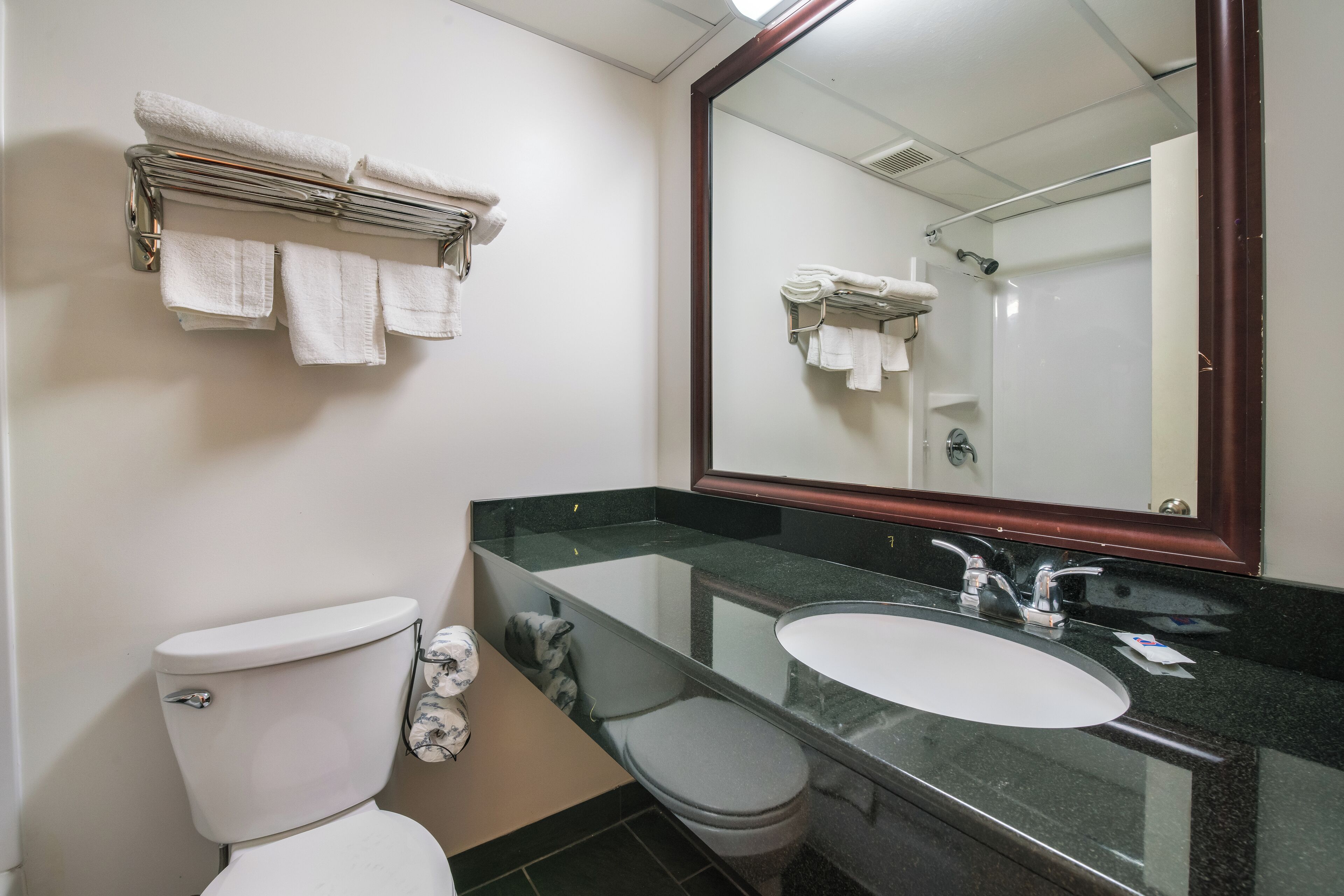 Ein Badezimmer mit Toilette, Waschbecken und einem großen Spiegel. Handtücher hängen über der Toilette an einem Wäscheständer und über dem Waschbecken ebenfalls.