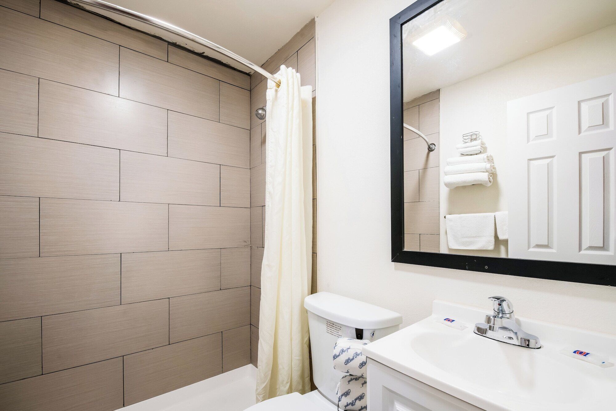 A bathroom with a shower, toilet, sink, and a mirror.