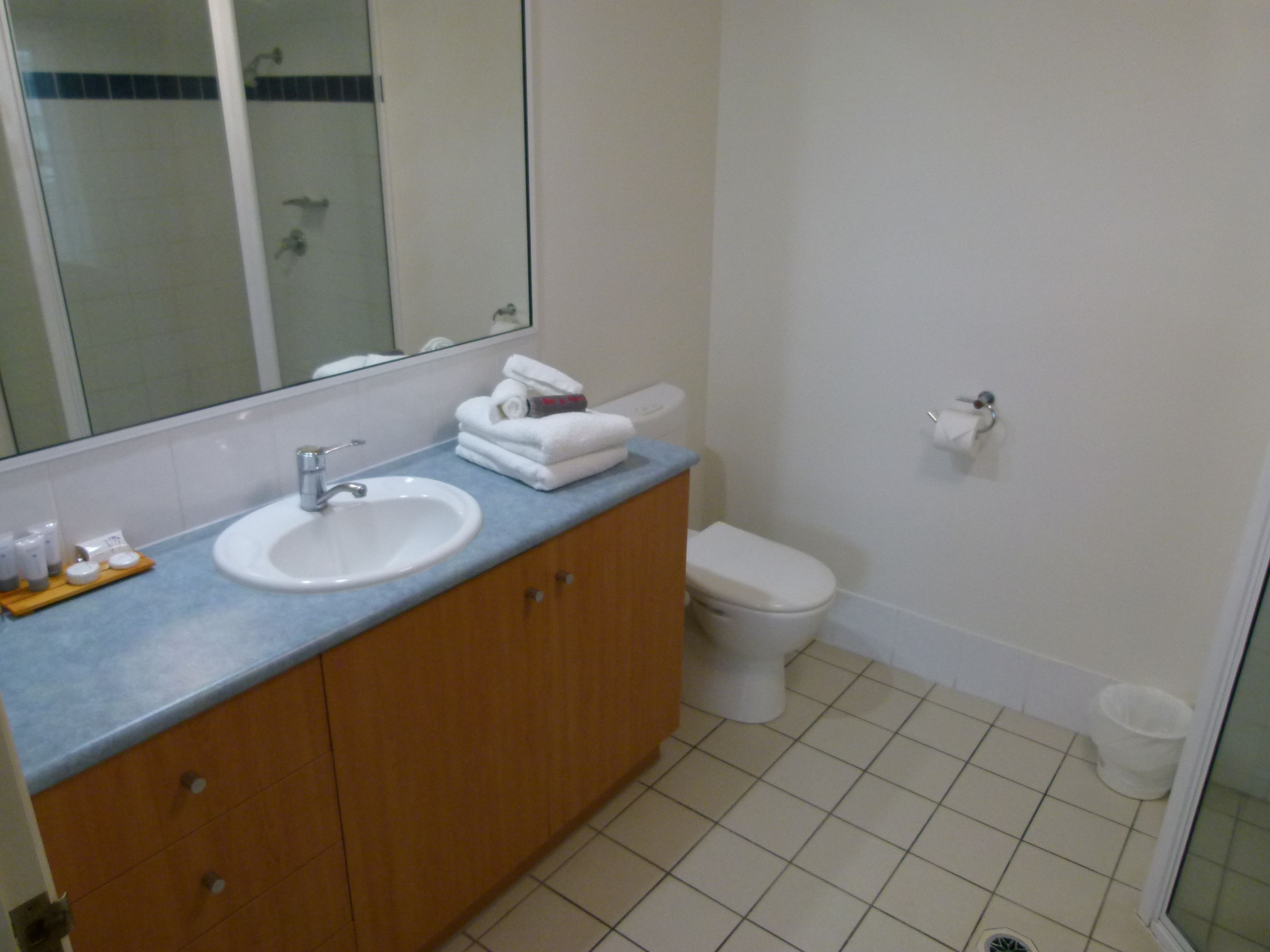 Un bagno con lavandino, specchio, WC e cestino.