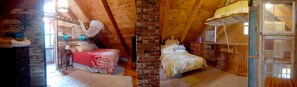 A cozy attic bedroom with two beds, a brick wall, and a wooden ceiling. - Rustic Charm close to Portland (Cumberland)