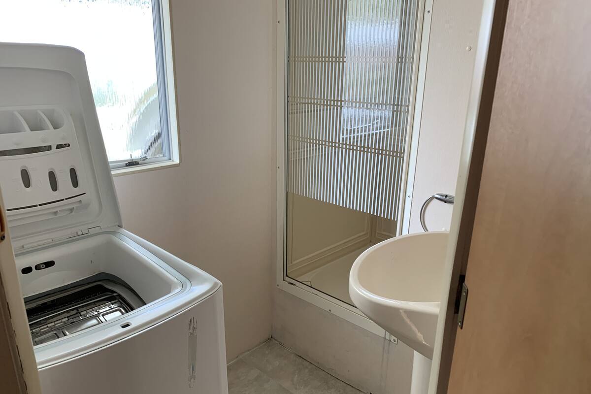Compact laundry room with a front-loading washing machine, shower, and sink.