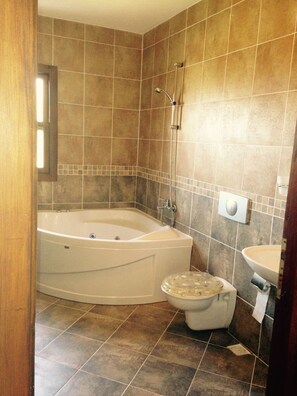 Ensemble douche/baignoire, baignoire à jets, sèche-cheveux