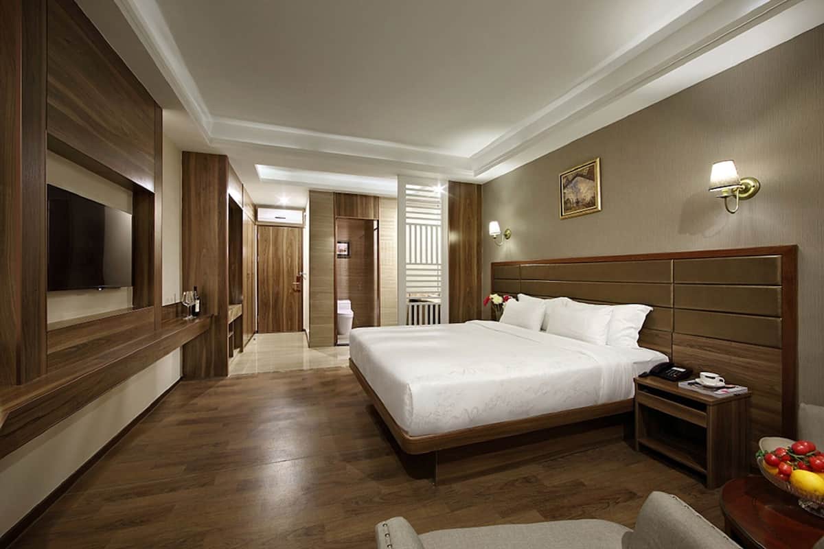 A hotel room with a large bed, wooden paneling, a flat-screen TV, a bedside table with a lamp, and a fruit bowl.