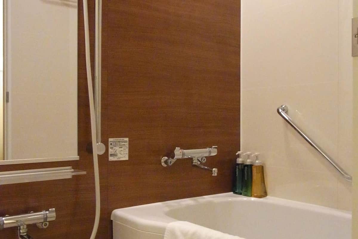 combined shower/bathtub, free toiletries, hair dryer, slippers