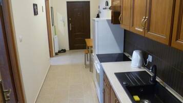 Una cocina estrecha con armarios de madera, un refrigerador blanco y una encimera negra con un fregadero.