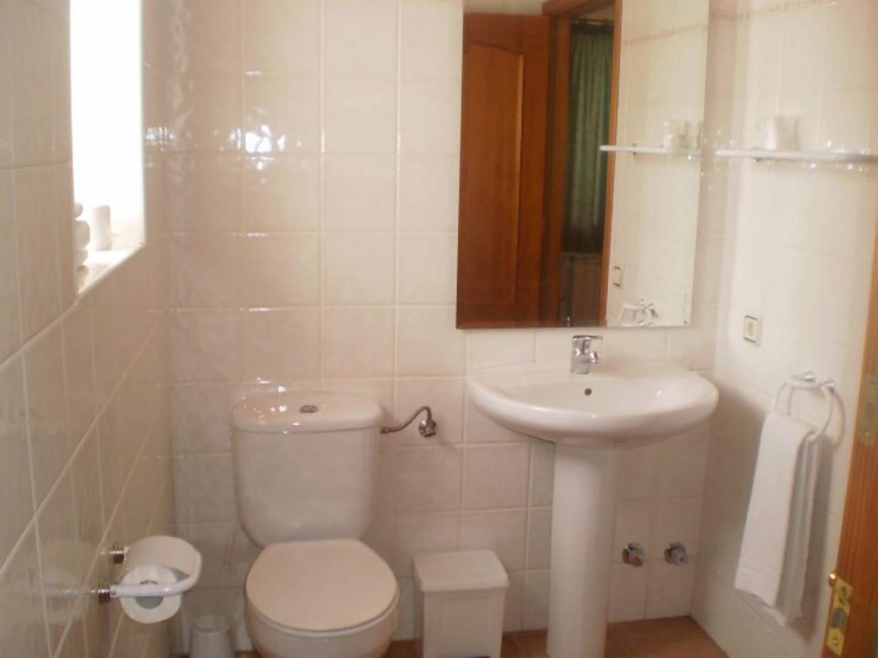 Ein kleines Badezimmer mit Toilette, Waschbecken und Spiegel.