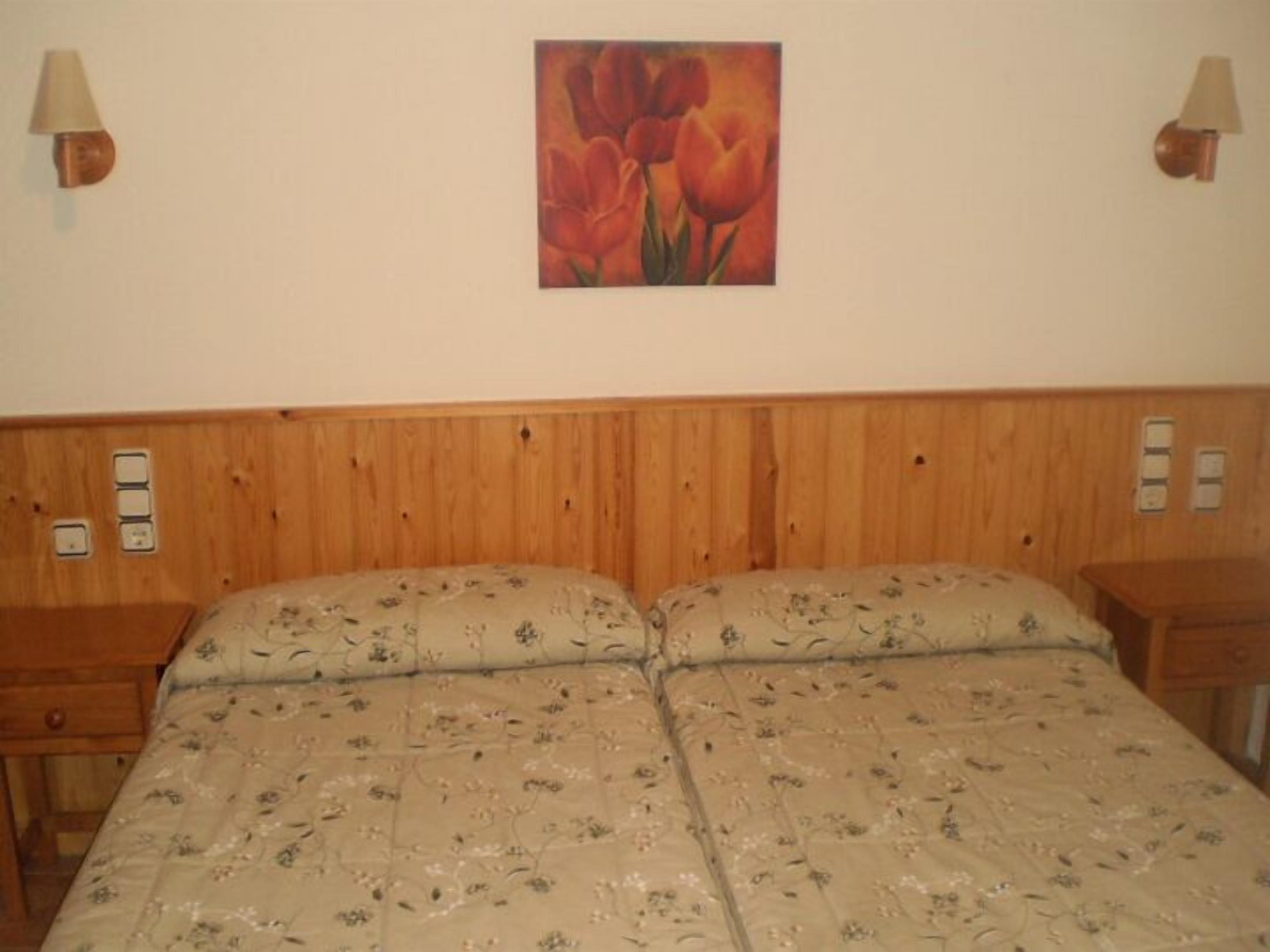 A double bed with floral bedding, wooden headboard, two bedside tables, and a wall-mounted lamp.