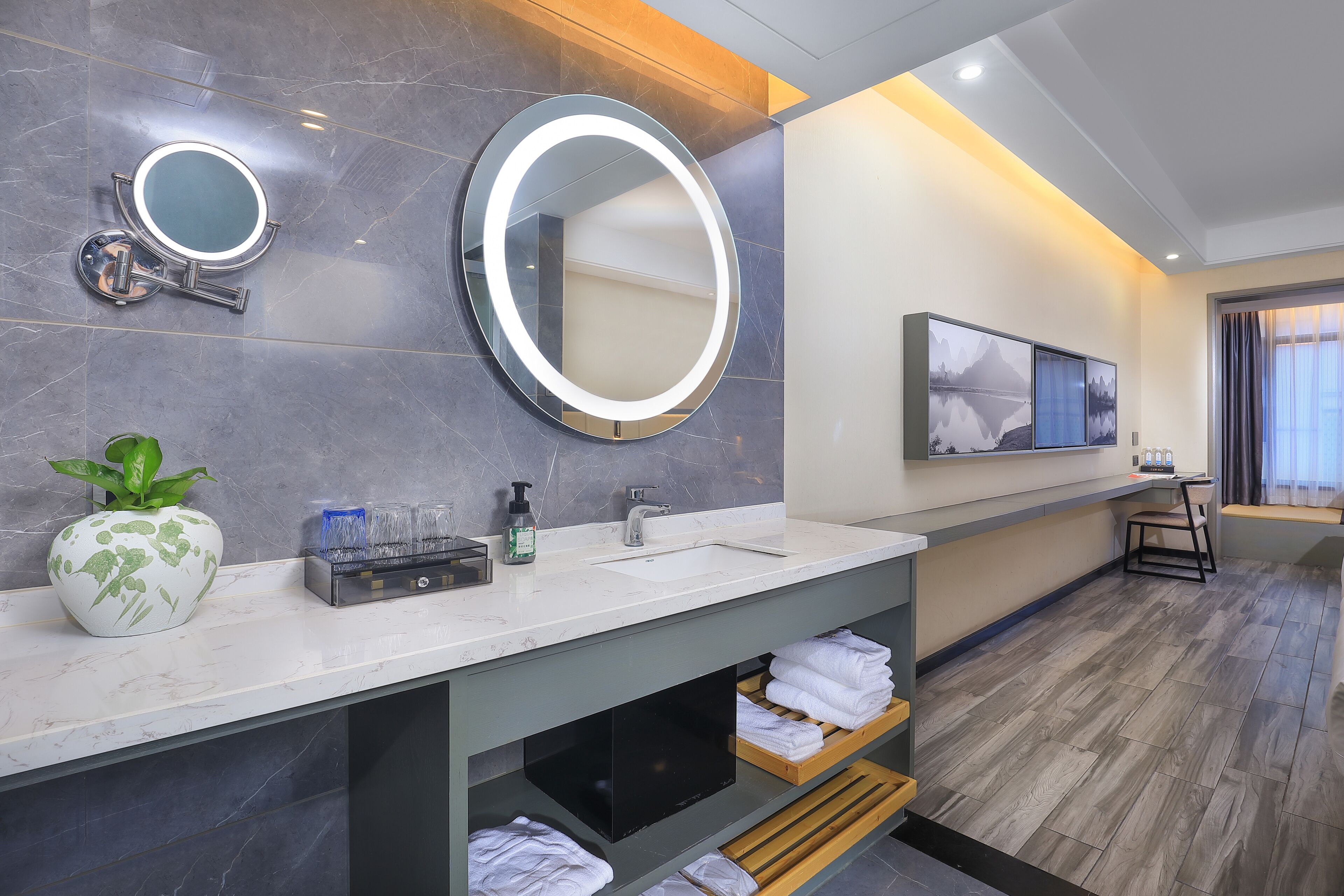 Premium bedding, memory-foam beds, free minibar, desk