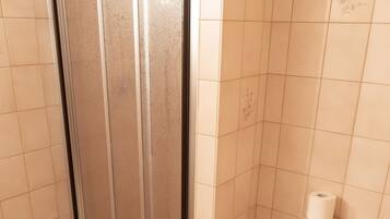 A bathroom with a shower enclosure, a toilet, and two towels on the floor.