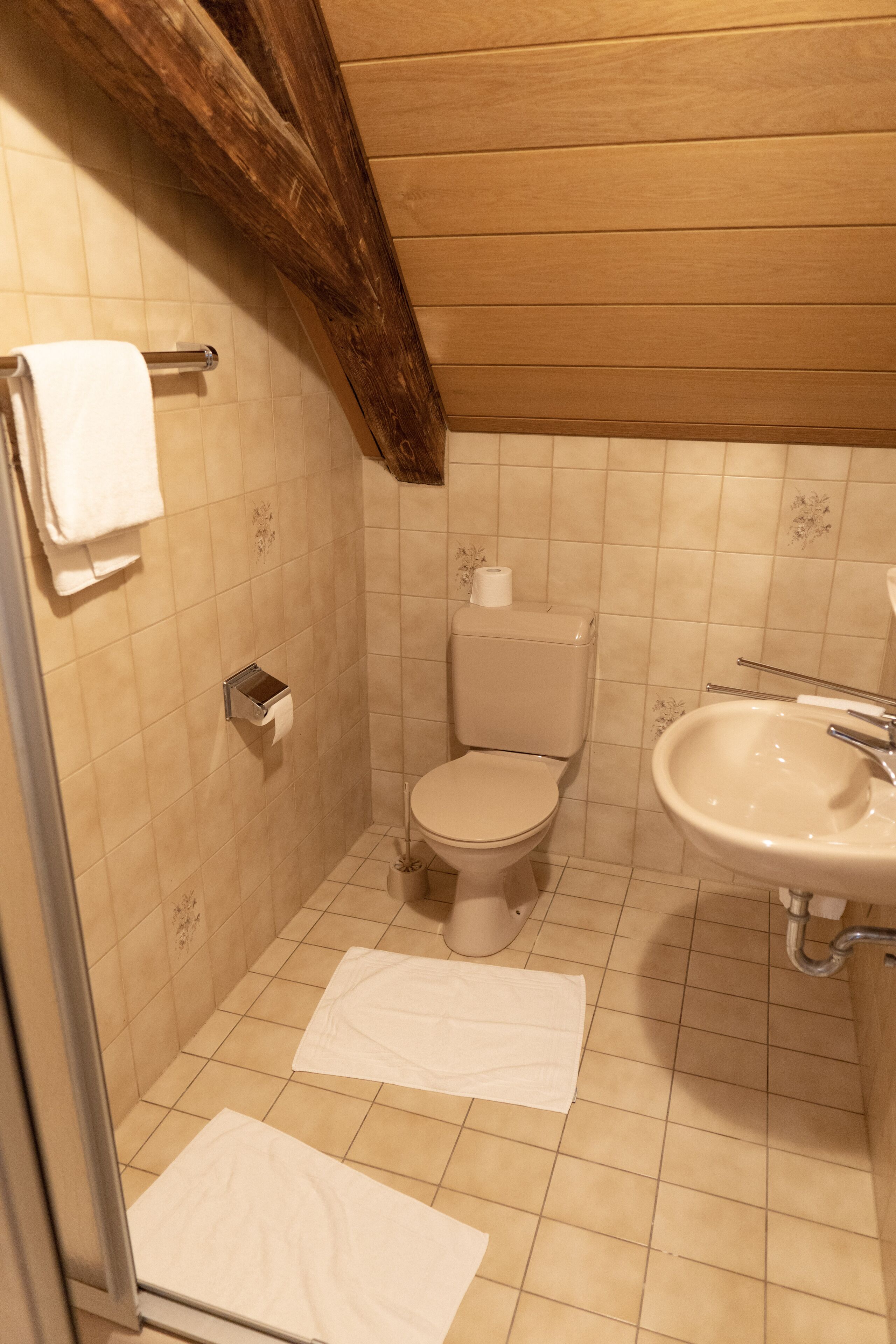 Ein kleines Badezimmer mit Fliesen, einer Toilette, einem Waschbecken und einem Handtuchhalter.