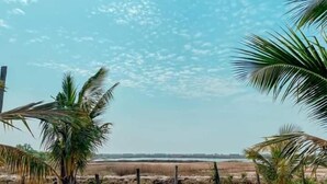 A rural landscape with palm trees, a fence, and a sign that reads "Escape XpMine." - Salt Field Glamping (Kampot)