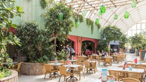 Un café intérieur avec des tables et des chaises en osier, des jardinières en pierre et des lanternes vertes suspendues.