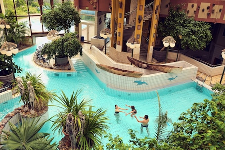 Indoor pool, outdoor pool, sun loungers