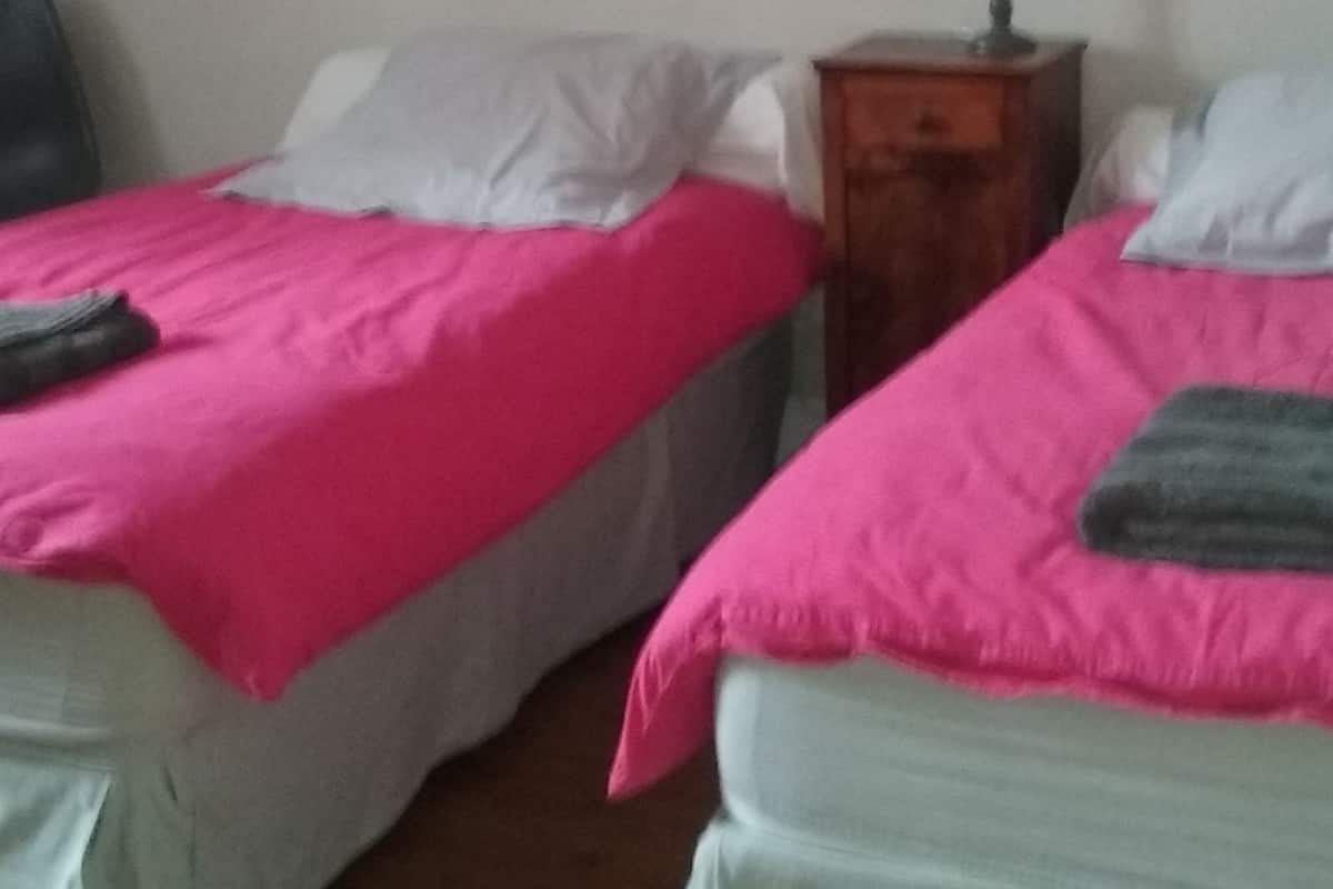 A room with two beds, each with a pink blanket and white pillows. There is a wooden nightstand with a lamp, a painting on the wall, and a chair.