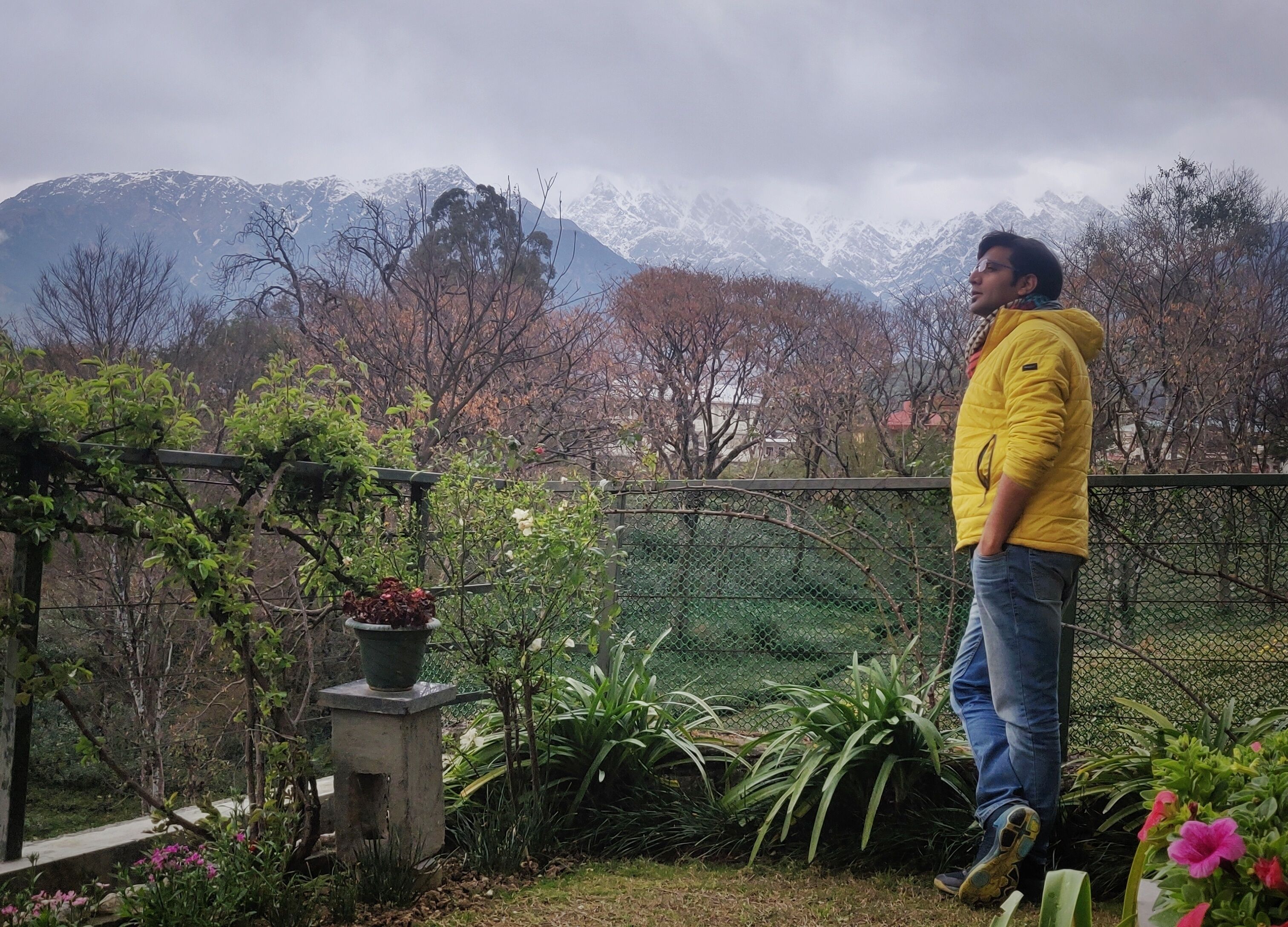 A person standing in a garden with a view of snow-capped mountains.