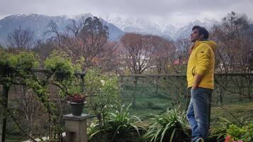 A person standing in a garden with a view of snow-capped mountains.