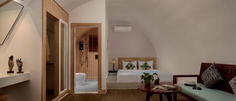 Une chambre moderne comprenant un lit, un canapé, une petite table et un espace douche.