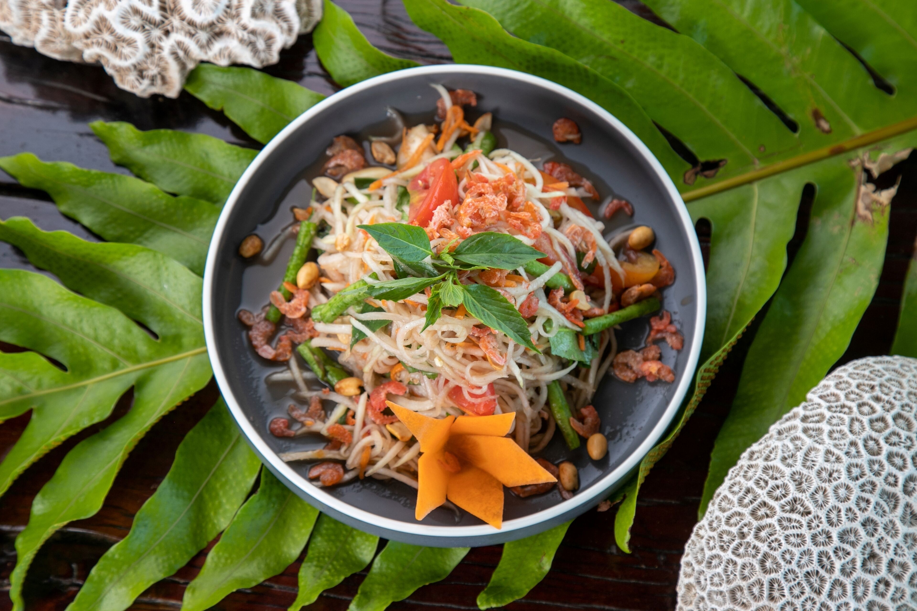A bowl of noodle salad with vegetables and peanuts, surrounded by green leaves.
