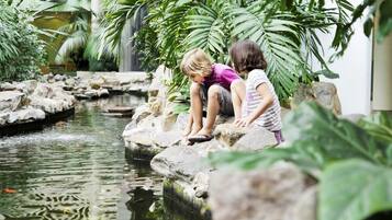 Two individuals near a water feature surrounded by rocks and greenery.