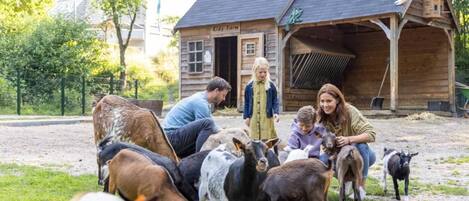 A rustic wooden building labeled 'Kids Farm' with a thatched roof, surrounded by a group of people and various farm animals.