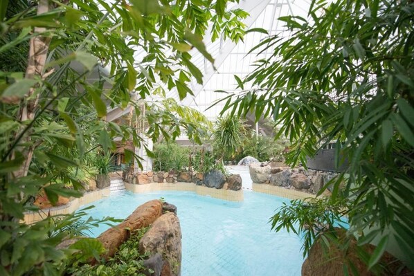 An indoor swimming pool surrounded by rocks and greenery. - Hotel Sunparks Kempense Meren (Mol)