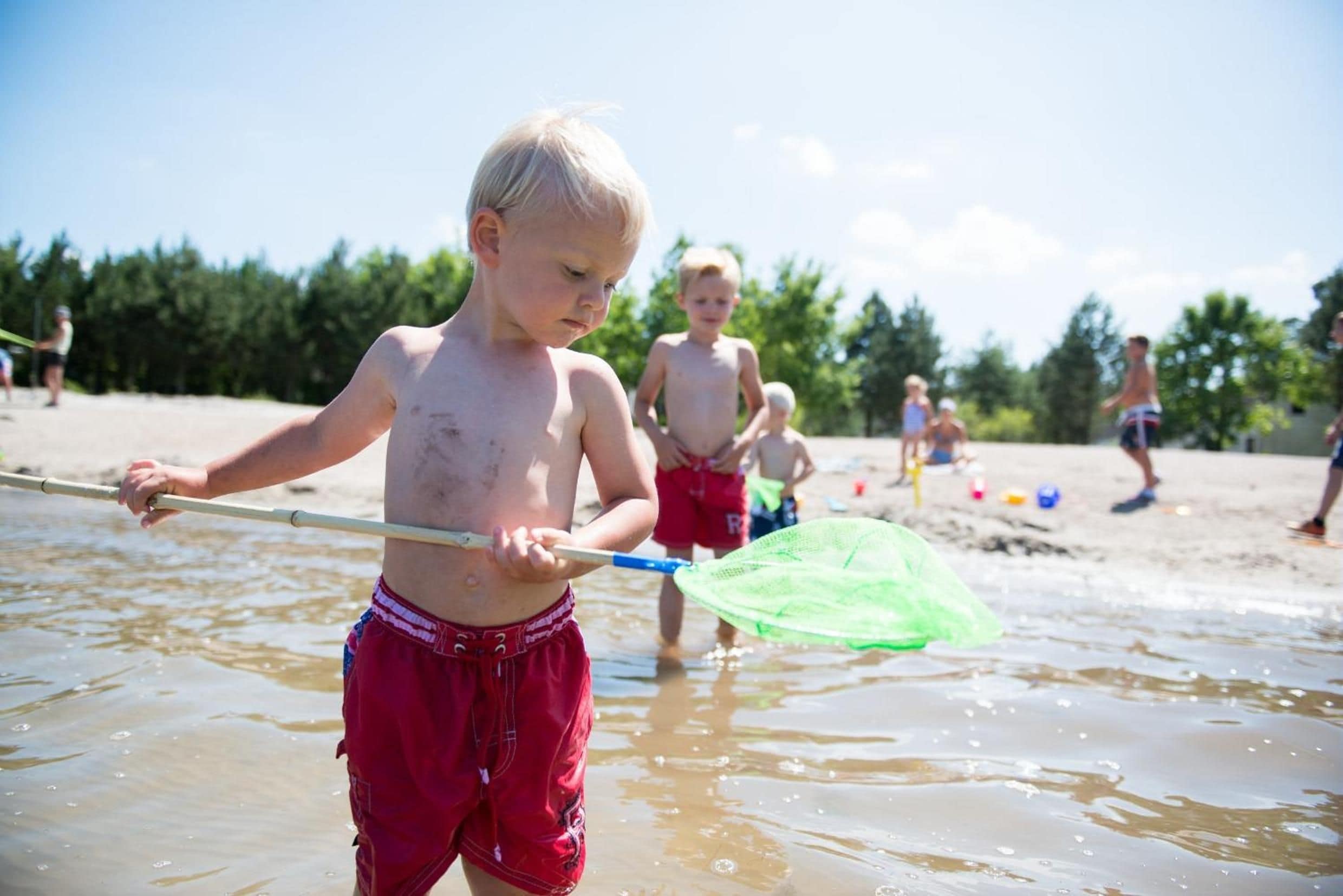 Un enfant joue dans une zone peu profonde près du rivage, sur une plage, tandis que d’autres enfants et des adultes se trouvent à l’arrière-plan.