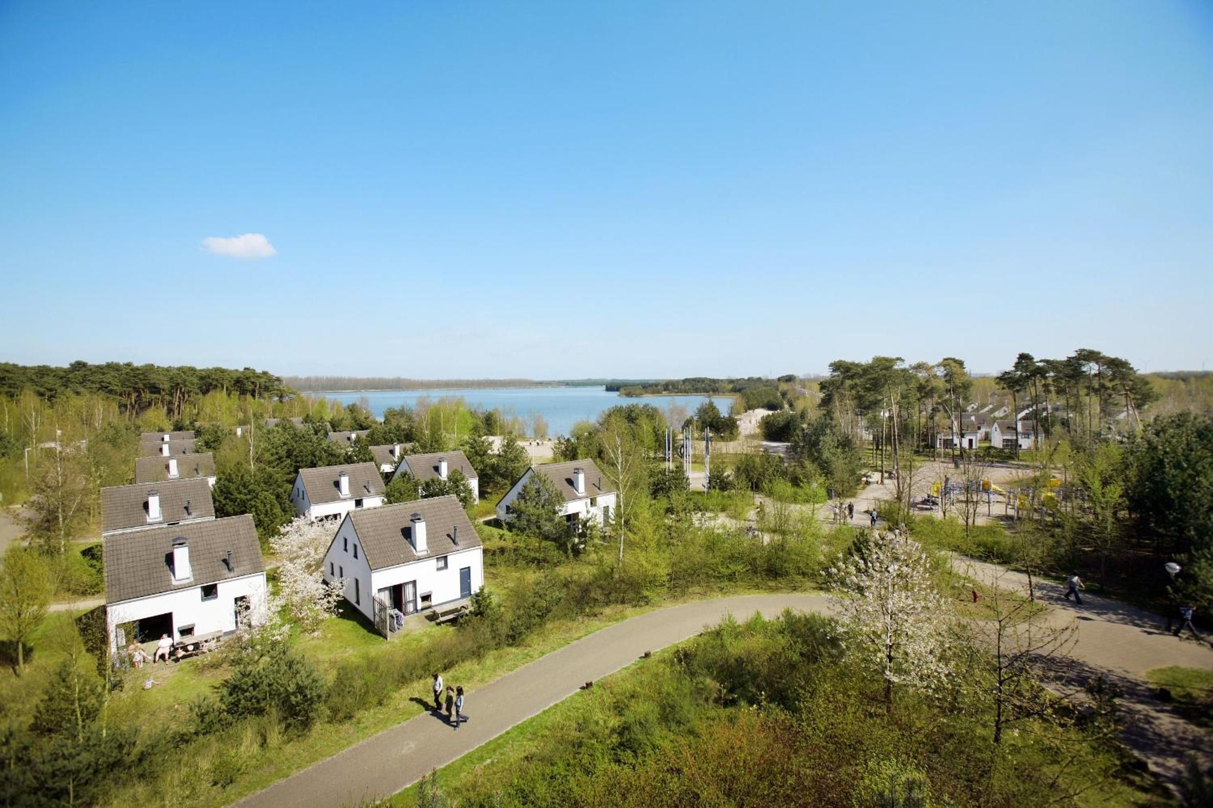 A residential area with houses, a paved path, and a body of water in the background.