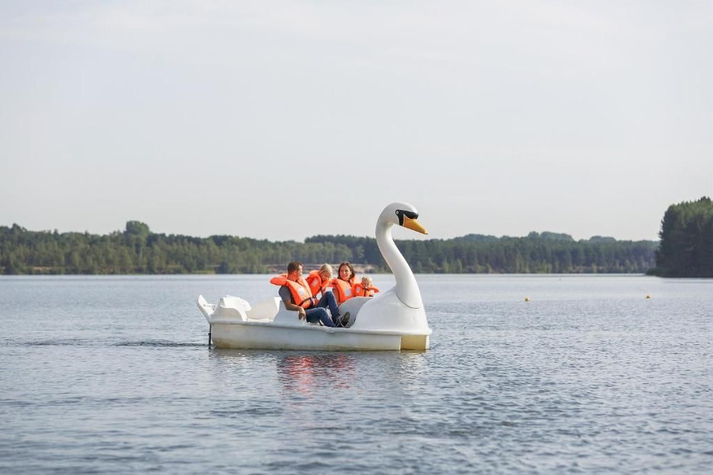 Un bote con forma de cisne con pasajeros que llevan chalecos salvavidas en un lago tranquilo.