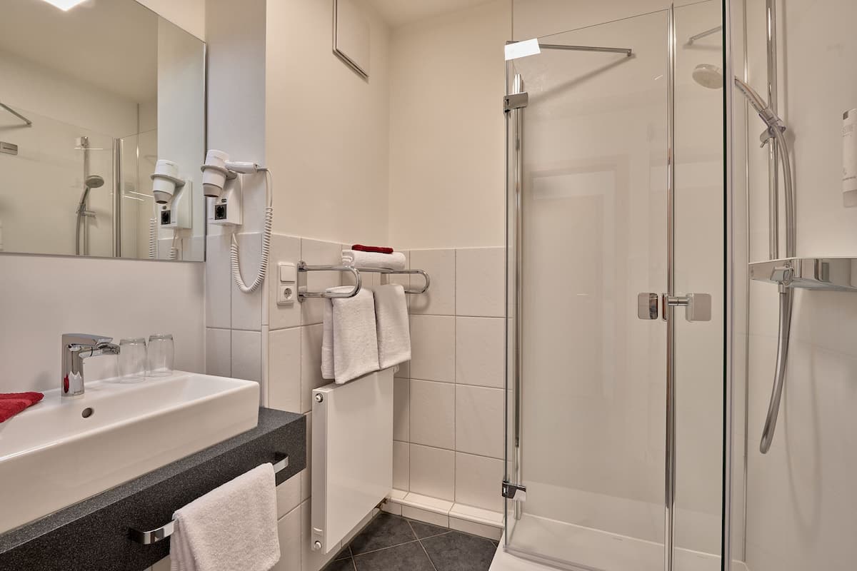 exclusive double room | bathroom | shower, free toiletries, hair dryer, towels