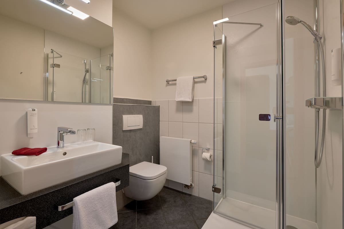 comfort double room | bathroom | shower, free toiletries, hair dryer, towels