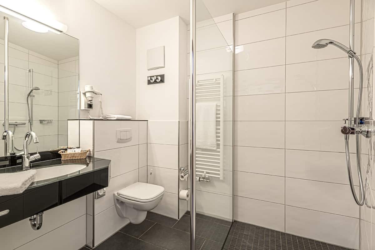 shower, free toiletries, hair dryer, towels