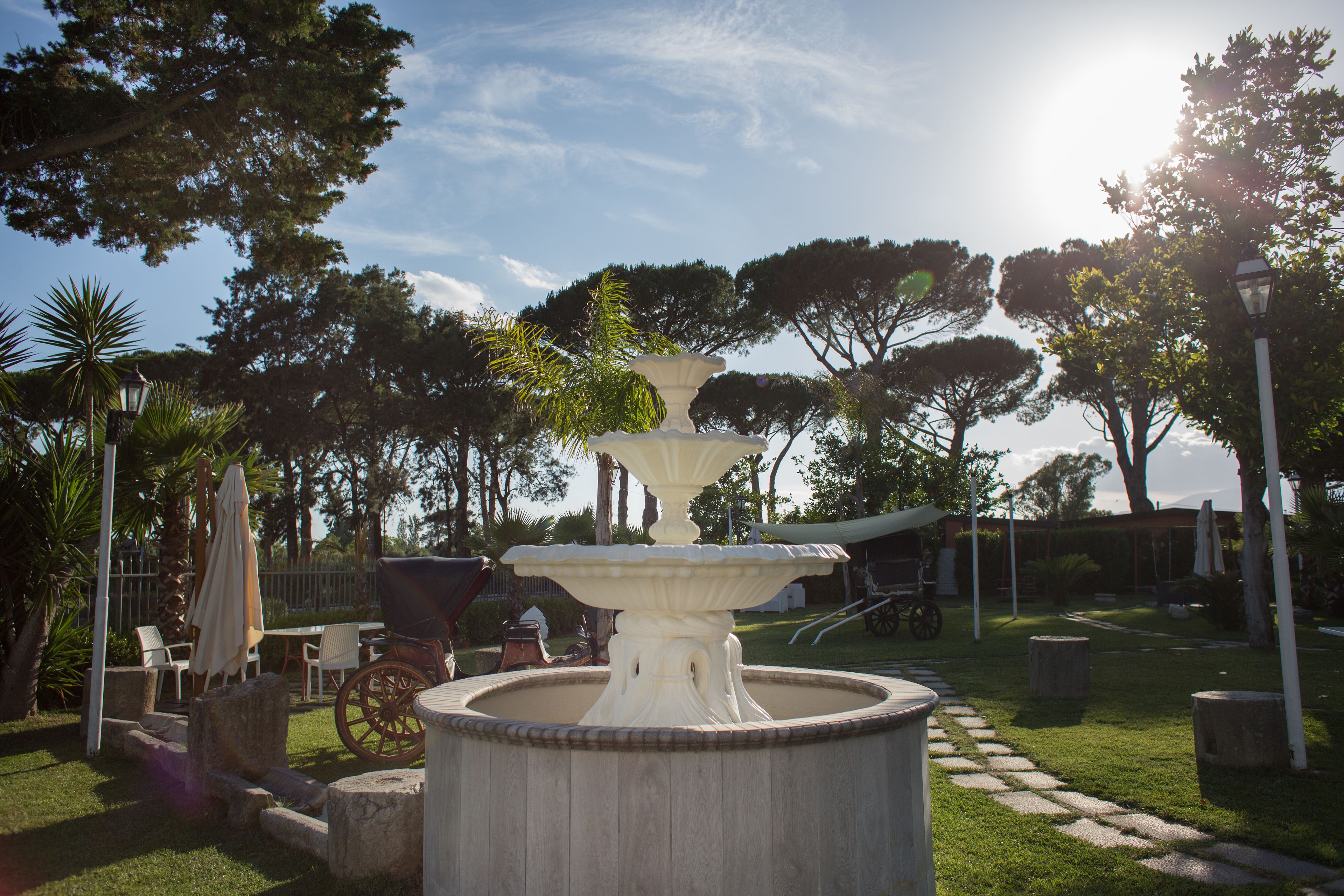 A garden with a central fountain, surrounded by trees and a lawn.