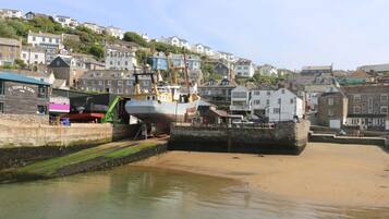 A coastal town with a large boat docked at a pier, surrounded by residential buildings and a sandy beach.
